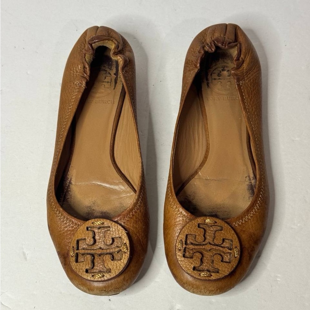Tory Burch Royal Tan Leather Reva Flats Size 6